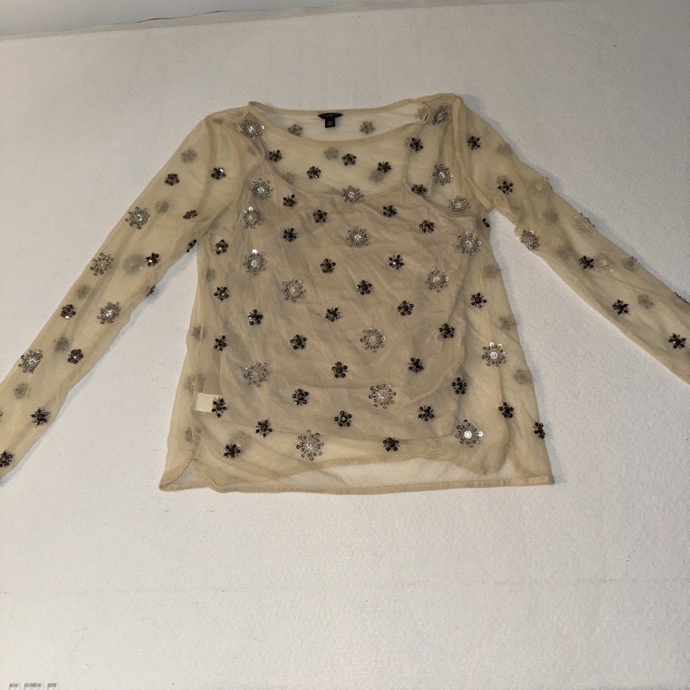 Ann Taylor sheer beaded long sleeve top/size petite medium